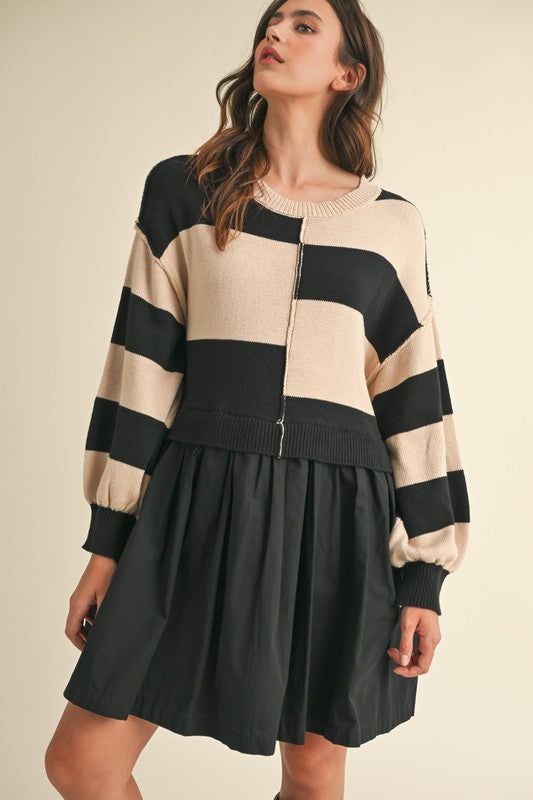 Mixed Media Stripe Sweater Dress Taupe Black