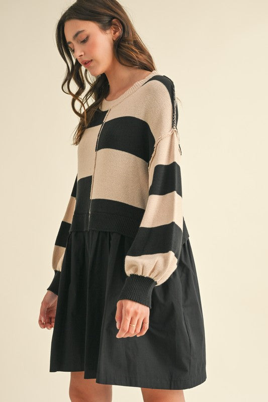 Mixed Media Stripe Sweater Dress Taupe Black