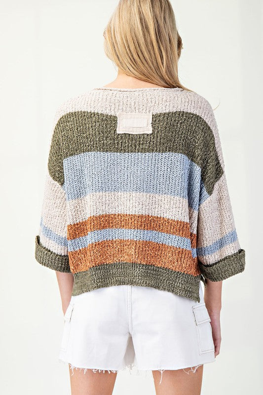 Striped Notched Collar Sweater Top Fern