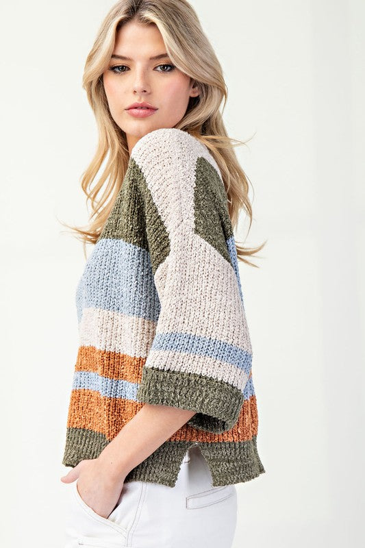 Striped Notched Collar Sweater Top Fern