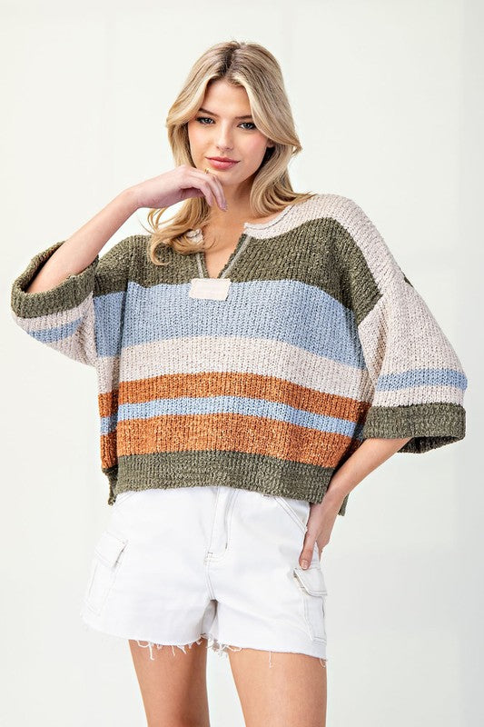 Striped Notched Collar Sweater Top Fern