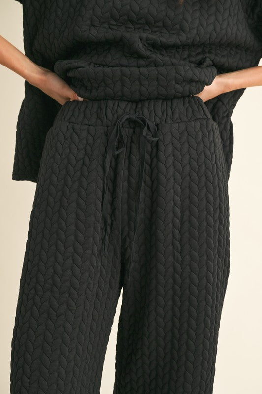Quilted Peplum Knit Top & Wide Pants Set Black