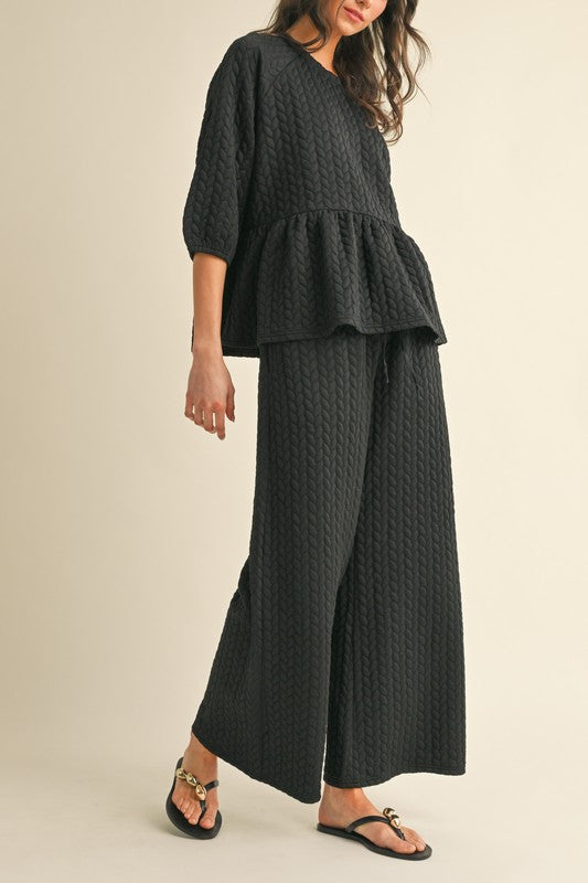 Quilted Peplum Knit Top & Wide Pants Set Black