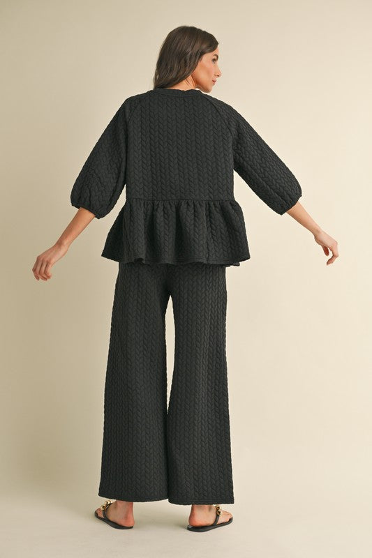 Quilted Peplum Knit Top & Wide Pants Set Black