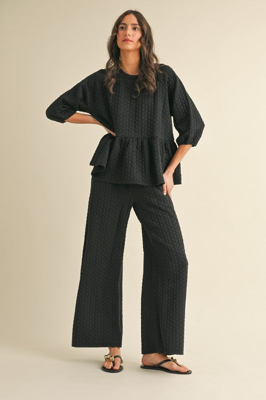 Quilted Peplum Knit Top & Wide Pants Set Black
