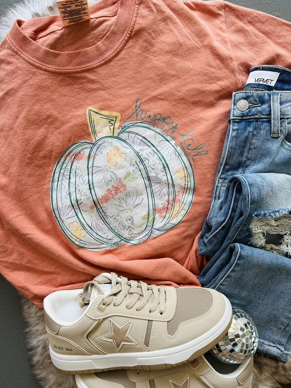 Happy Fall Floral Pumpkin Tee Terracota