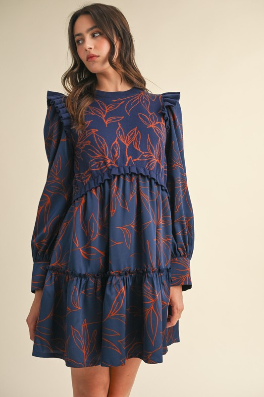 MIxed Media Sweater Dress Navy Rust