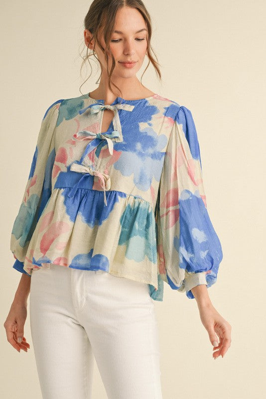 Print Bow Ties Peplum Top Royal