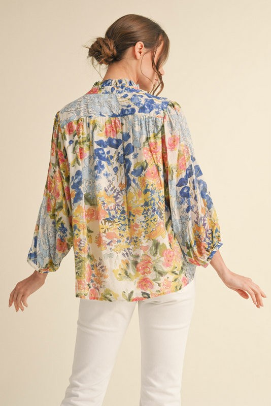 Floral Chiffon 3/4 Sleeves Top Blue Mix