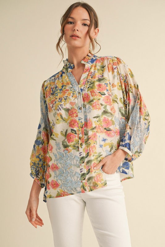 Floral Chiffon 3/4 Sleeves Top Blue Mix
