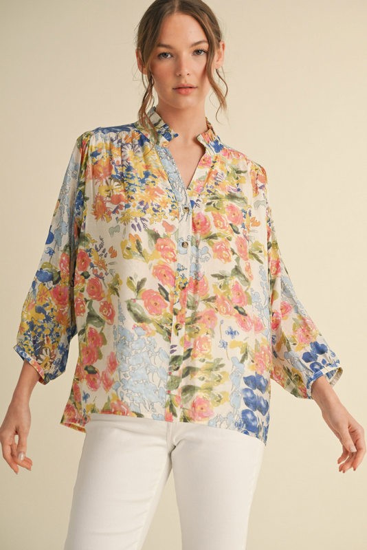 Floral Chiffon 3/4 Sleeves Top Blue Mix