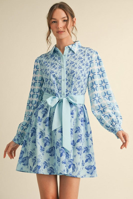 Long Sleeve Belted Dress Blue
