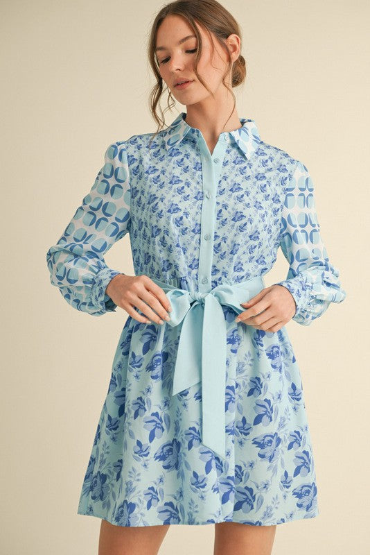 Long Sleeve Belted Dress Blue