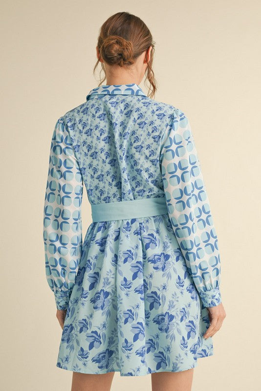 Long Sleeve Belted Dress Blue