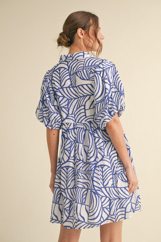 Print Collared Baby Doll Dress Royal