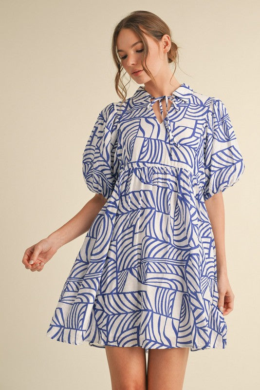 Print Collared Baby Doll Dress Royal