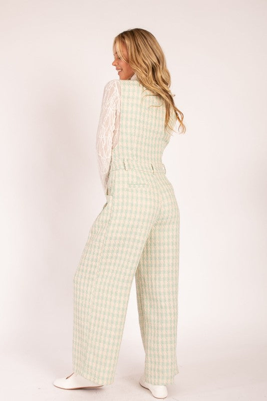 Plaid Sleeveless Jumpsuit with Button Front Sage