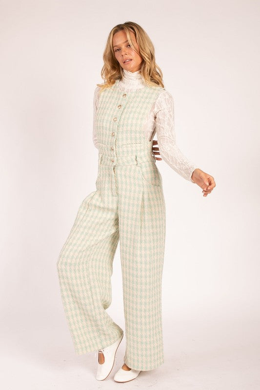 Plaid Sleeveless Jumpsuit with Button Front Sage