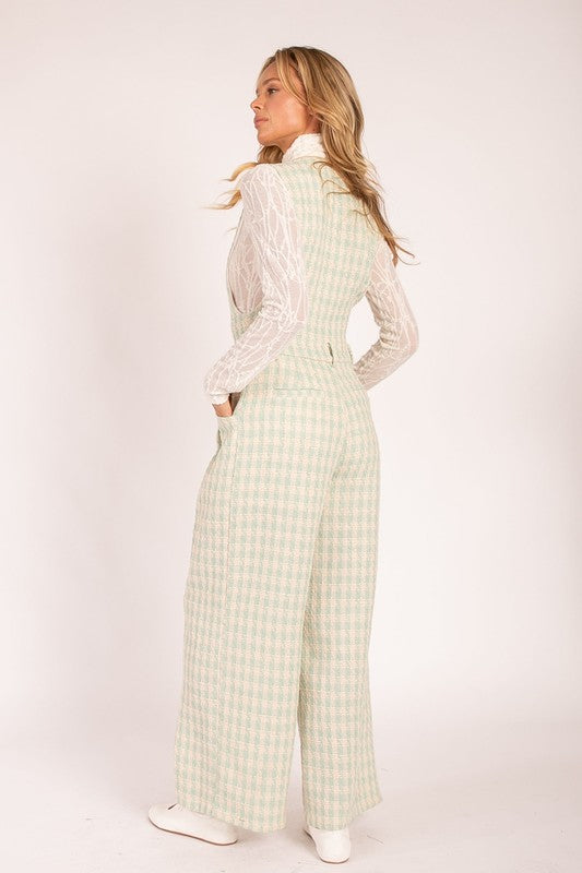 Plaid Sleeveless Jumpsuit with Button Front Sage