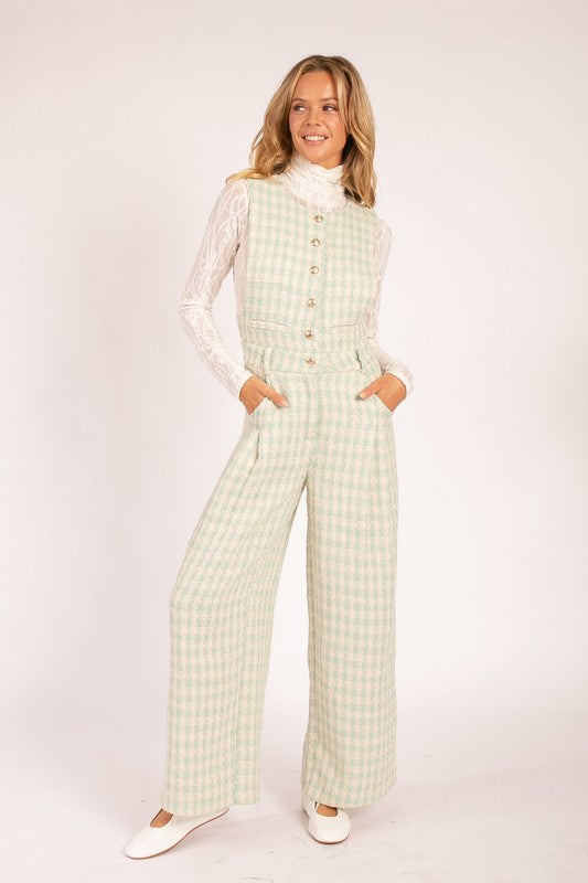 Plaid Sleeveless Jumpsuit with Button Front Sage