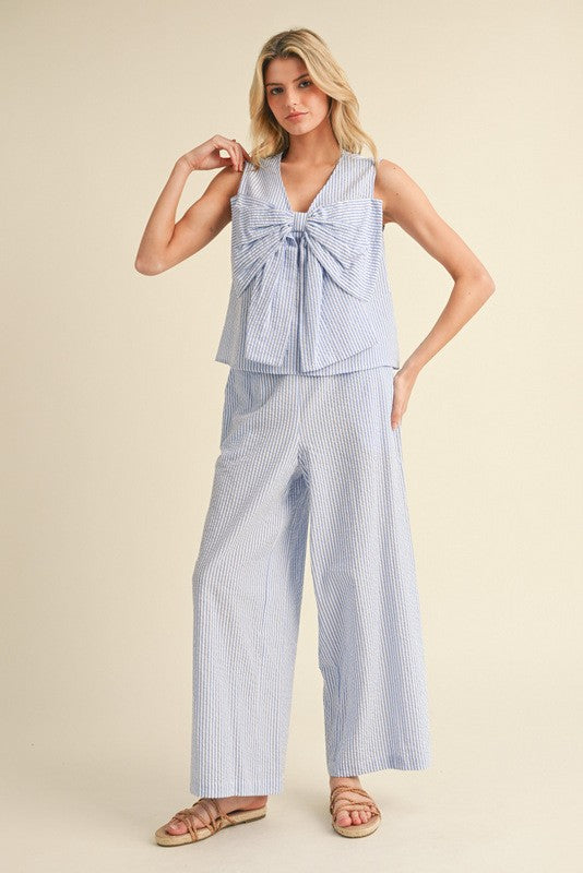Seersucker Striped Bow Set Blue