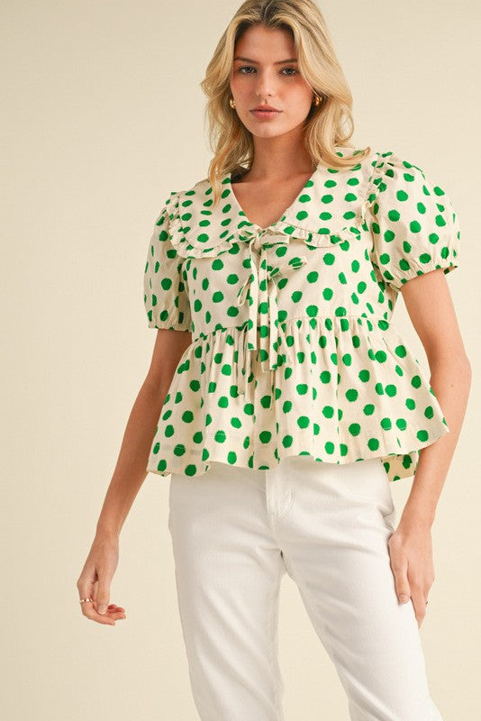 Polka Dot Print Peplum Top Green