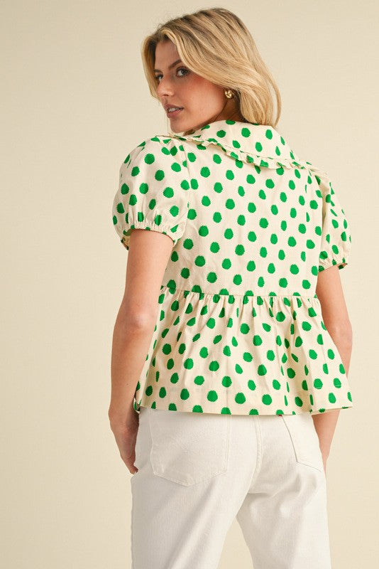 Polka Dot Print Peplum Top Green