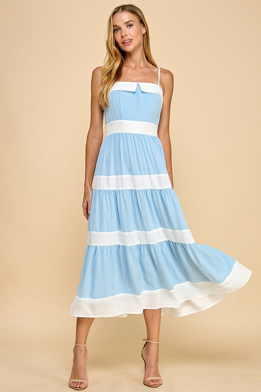 Tiered Midi Dress with Alternating Stripes Blue