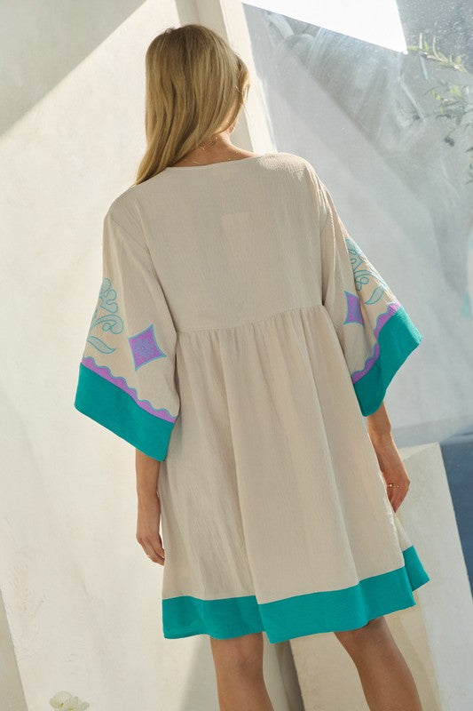 Embroidered Plunge V Neck Mini Dress Turquoise