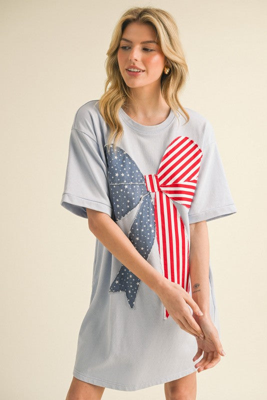 America Flag Bow Graphic Dress Sky Blue