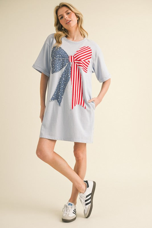 America Flag Bow Graphic Dress Sky Blue