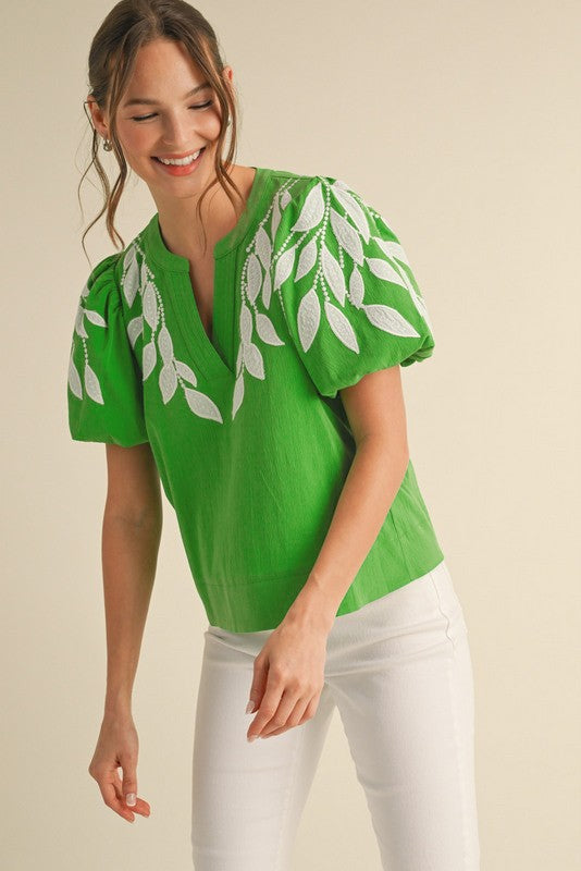Leaf Embroidered Puffed Sleeves Top Green