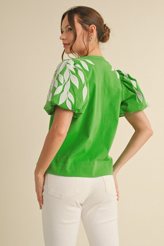 Leaf Embroidered Puffed Sleeves Top Green