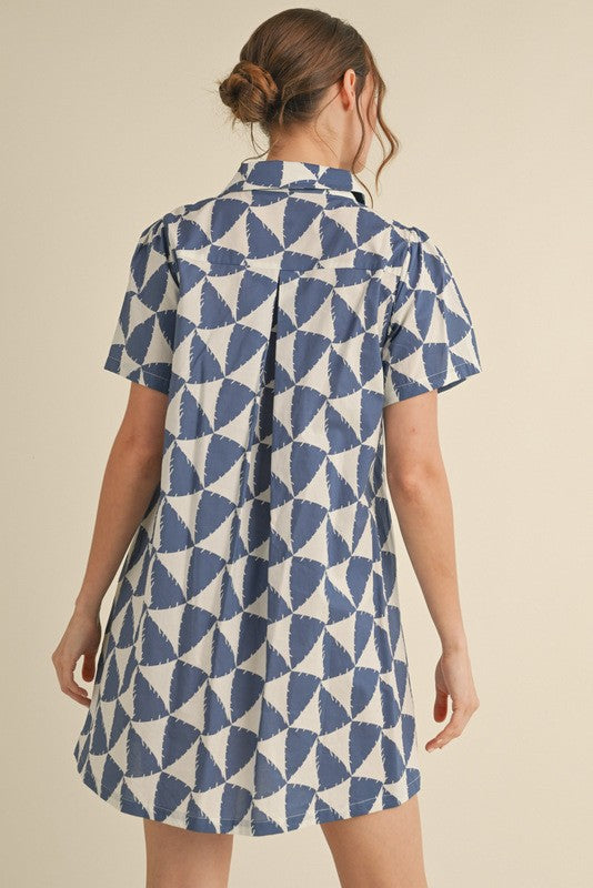 Geometric Button-up Pocket Dress Denim Blue