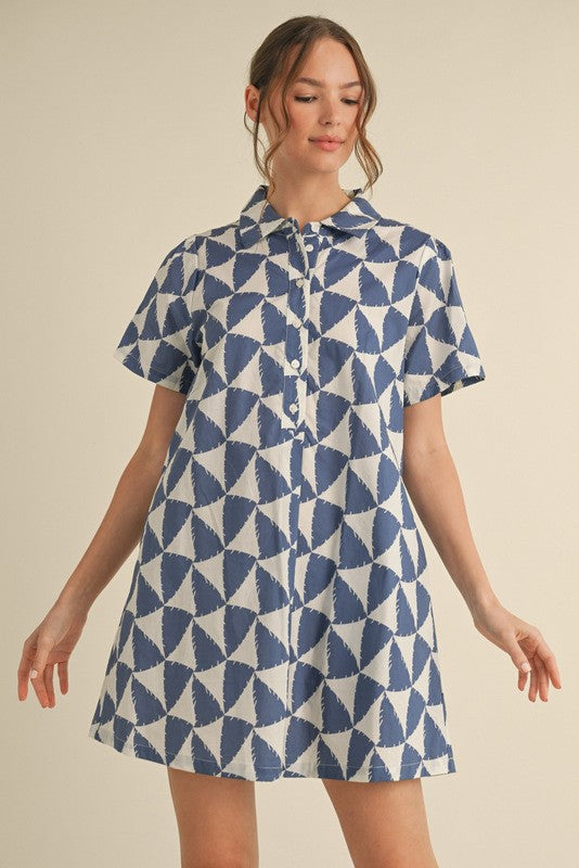 Geometric Button-up Pocket Dress Denim Blue