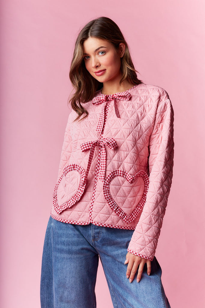 Quilted Heart Gingham Jacket Pink - Southern Fashion Boutique Bliss