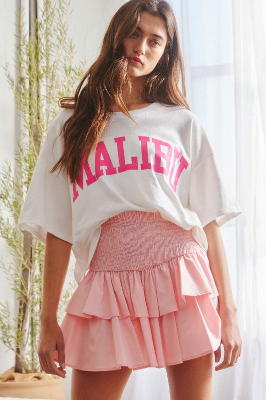 Smocked Waistband Tiered Solid Mini Skirt Pink