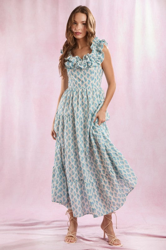 Floral Prints Ruffle Sleeve Maxi Dress Ivory/Blue