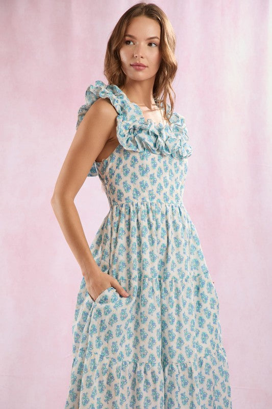 Floral Prints Ruffle Sleeve Maxi Dress Ivory/Blue
