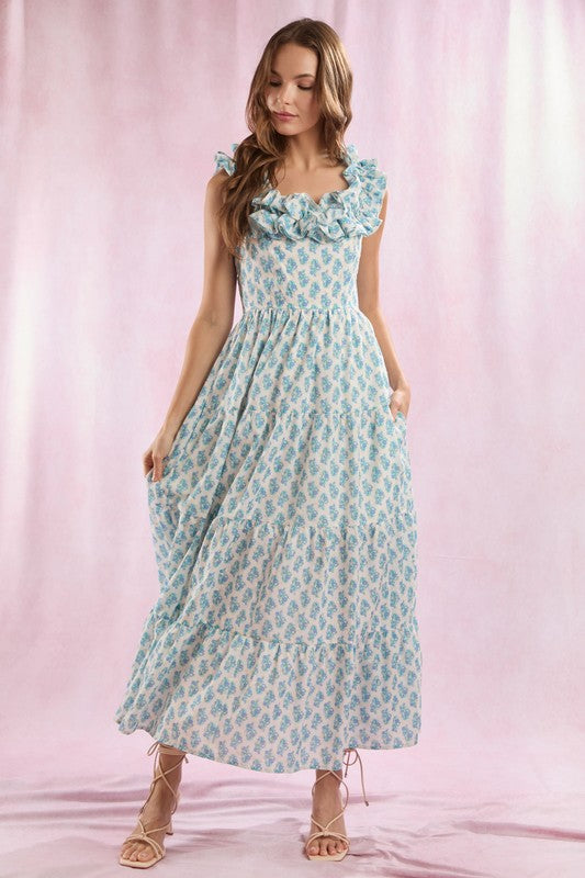 Floral Prints Ruffle Sleeve Maxi Dress Ivory/Blue
