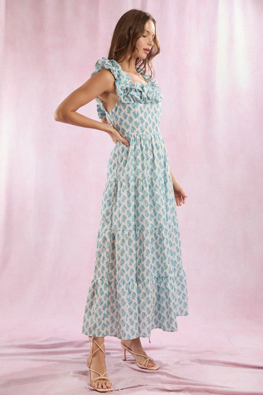 Floral Prints Ruffle Sleeve Maxi Dress Ivory/Blue