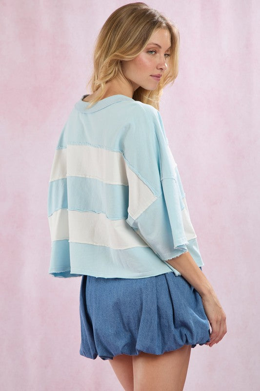 Cut Edge Color Blocked Washed Top Sky Blue