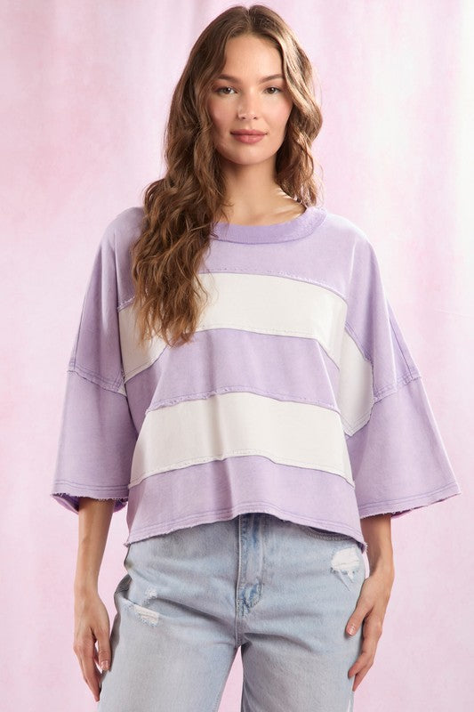 Cut Edge Color Blocked Washed Top Purple