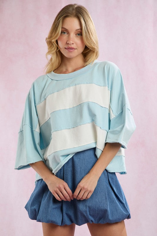 Cut Edge Color Blocked Washed Top Sky Blue