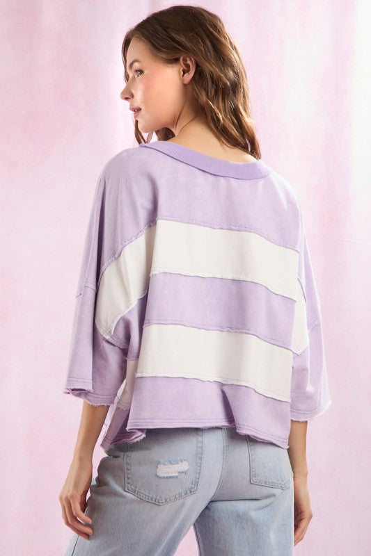 Cut Edge Color Blocked Washed Top Purple