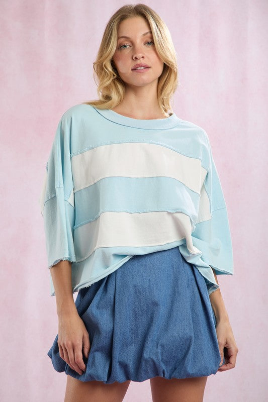 Cut Edge Color Blocked Washed Top Sky Blue