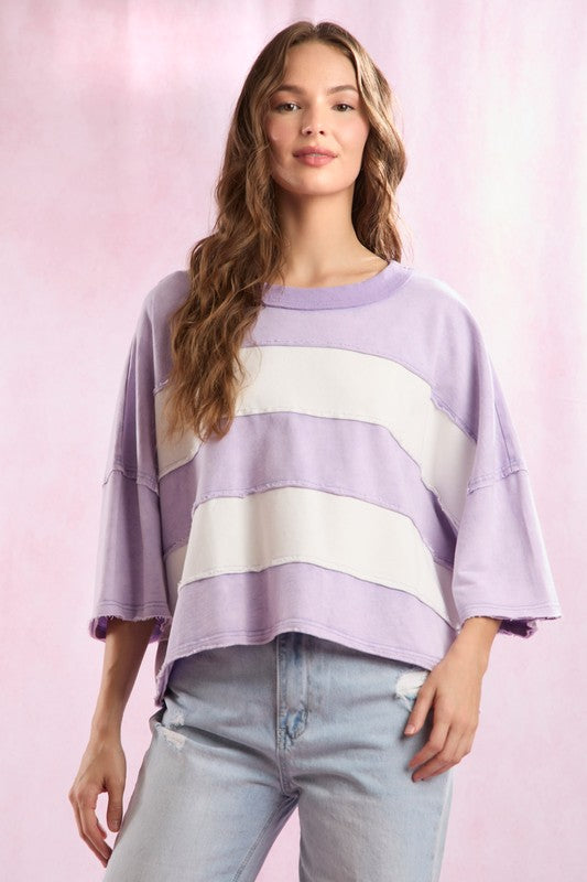 Cut Edge Color Blocked Washed Top Purple