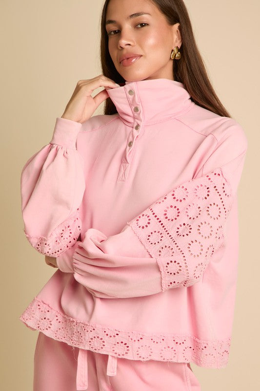 Eyelet Lace Long Sleeves Sweatshirt Pink