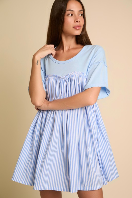 Stripe Short Sleeve Mini Dress Baby Blue White