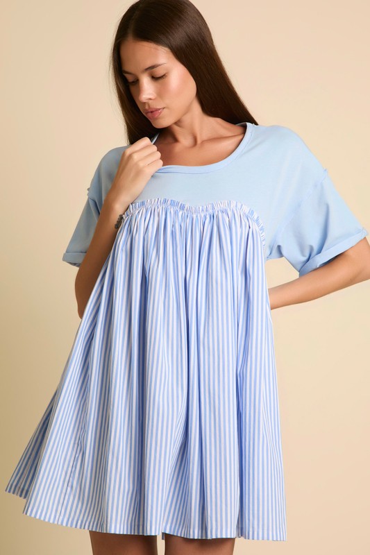 Stripe Short Sleeve Mini Dress Baby Blue White